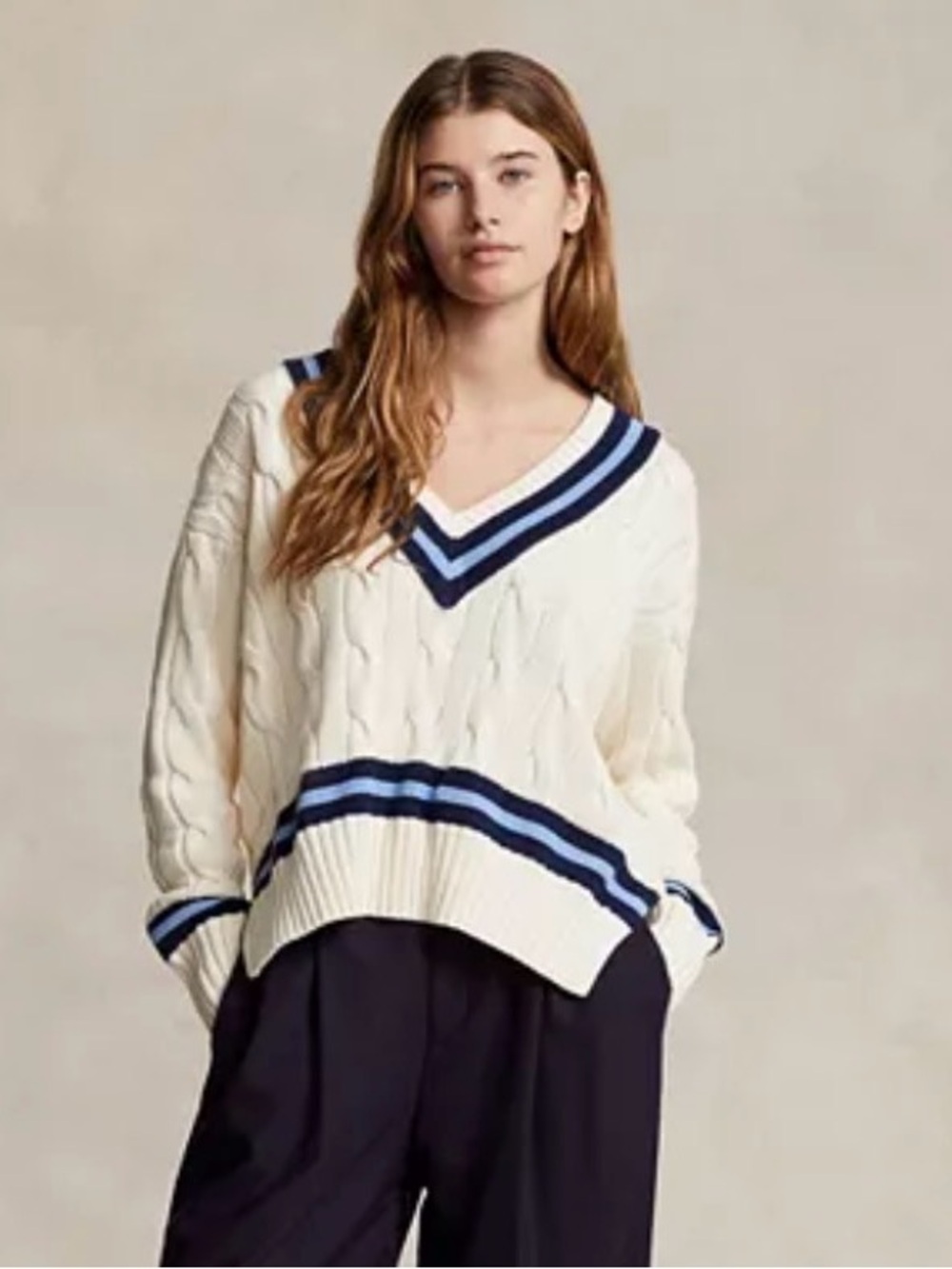 Anthropology Callahan Cream and Navy Striped V‑Neck Knit Sweater